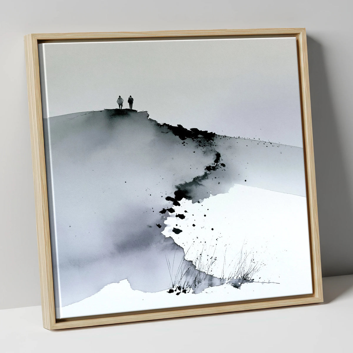 Monochrome Fell Top Hikers lake district fell canvas wall art in natural frame
