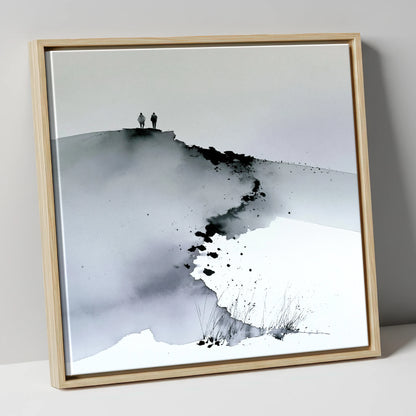 Monochrome Fell Top Hikers lake district fell canvas wall art in natural frame