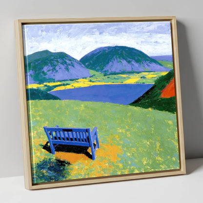 Blue Bench Above Loweswater lake district lake canvas wall art in natural frame