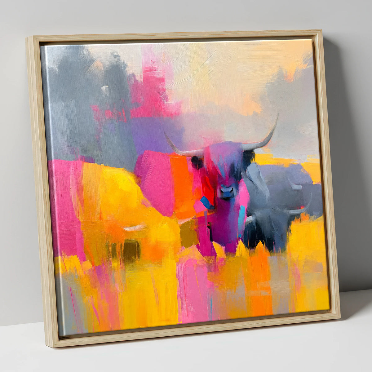 Colourful Highland Cattle Portrait lake district wildlife canvas wall art in natural frame