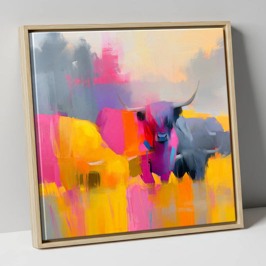 Colourful Highland Cattle Portrait lake district wildlife canvas wall art in natural frame