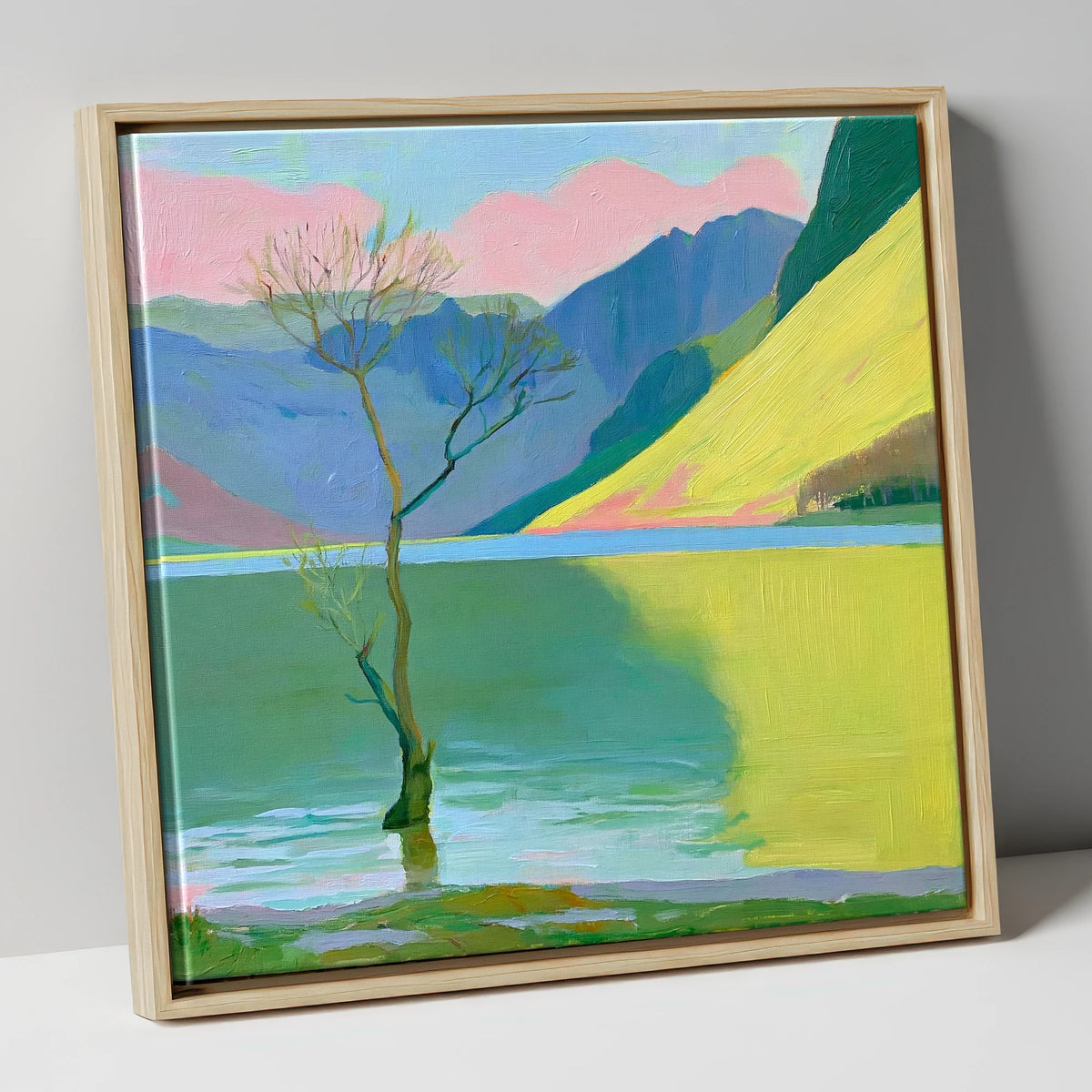 Buttermere Tree Under Pink Skies lake district lake canvas wall art in natural frame
