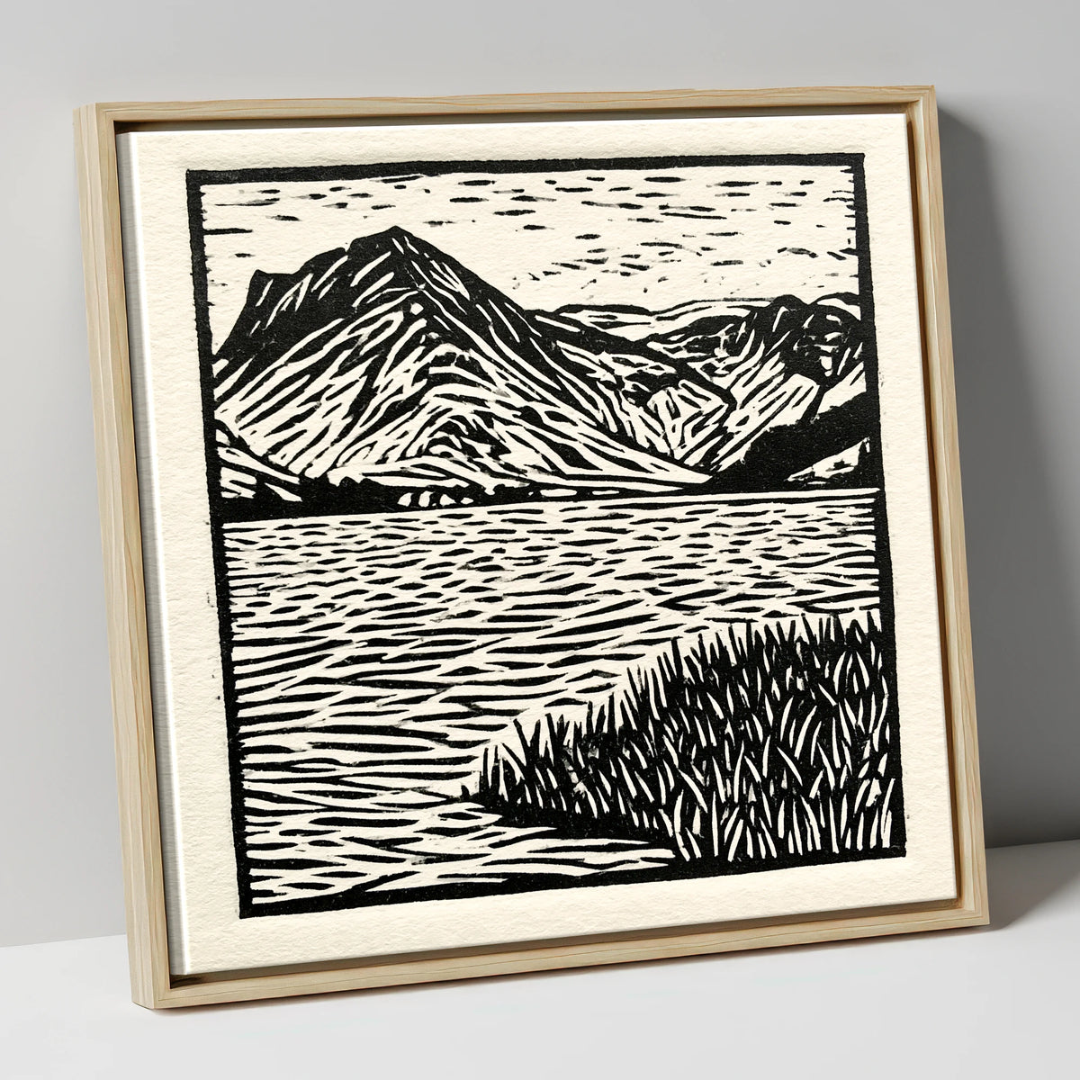 Monochrome Buttermere and Fells lake district lake canvas wall art in natural frame