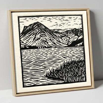 Monochrome Buttermere and Fells lake district lake canvas wall art in natural frame