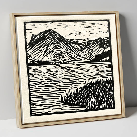Monochrome Buttermere and Fells lake district lake canvas wall art in natural frame