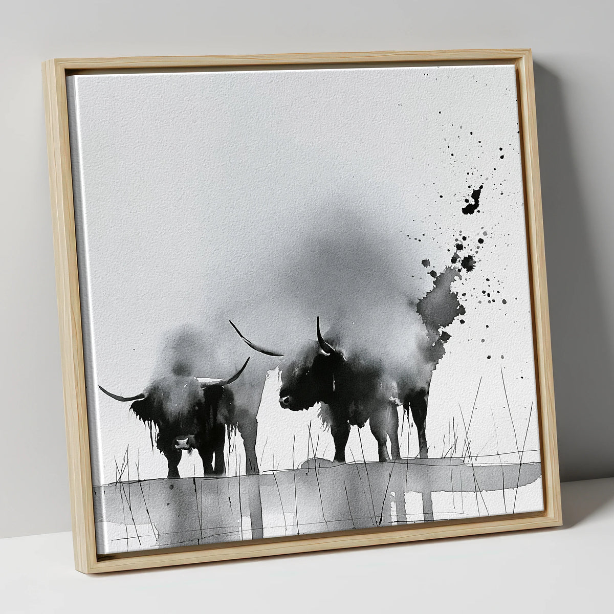 Abstract Monochrome Highland Cattle lake district wildlife canvas wall art in natural frame