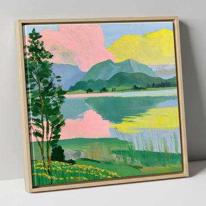 Vibrant Lake With Pink Clouds lake district lake canvas wall art in natural frame