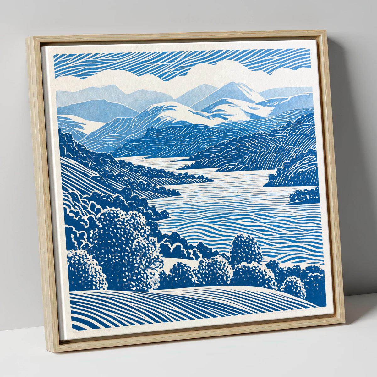 Coniston Water in Cobalt Blue lake district lake canvas wall art in natural frame