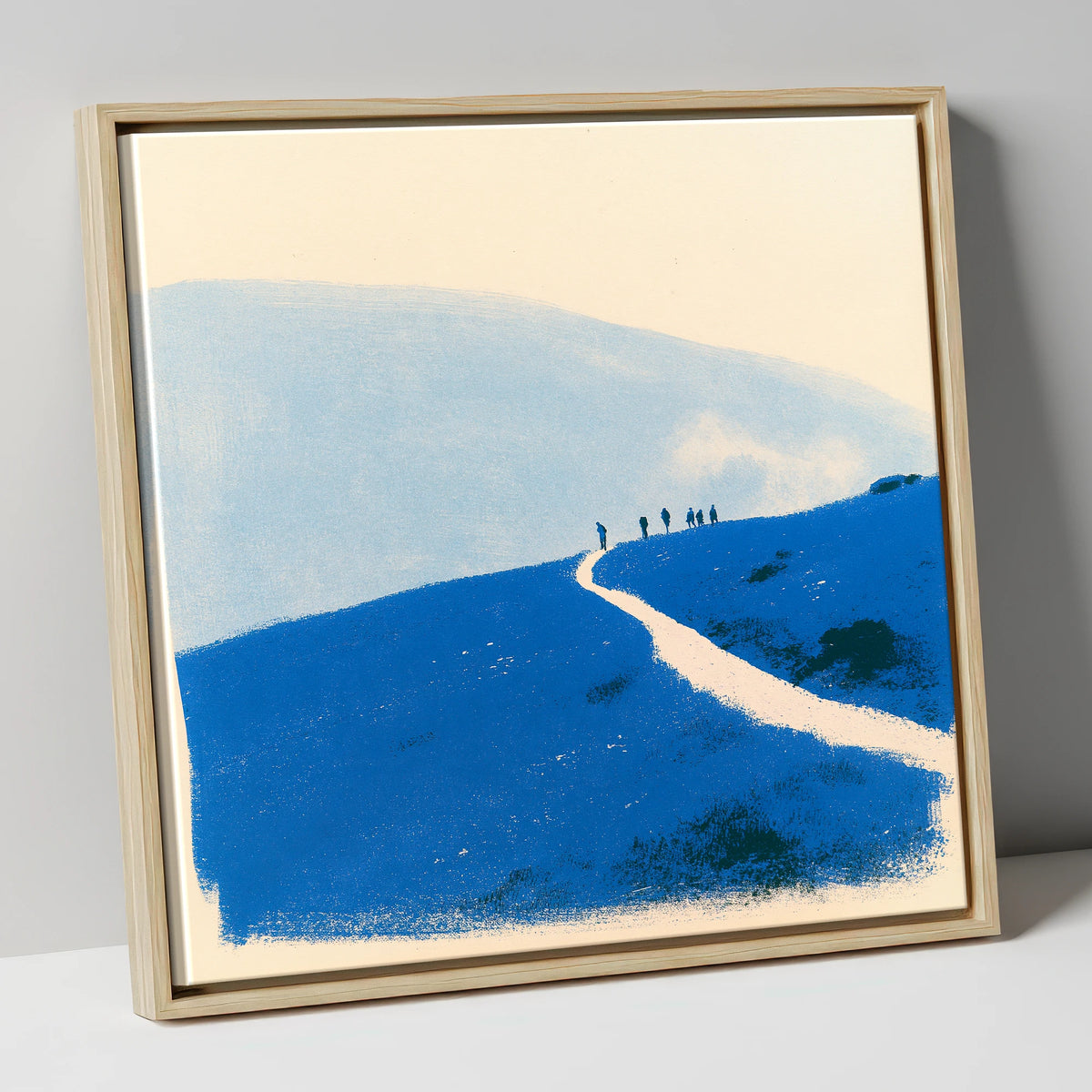 Walkers on a Blue Mountain Path lake district walking canvas wall art in natural frame