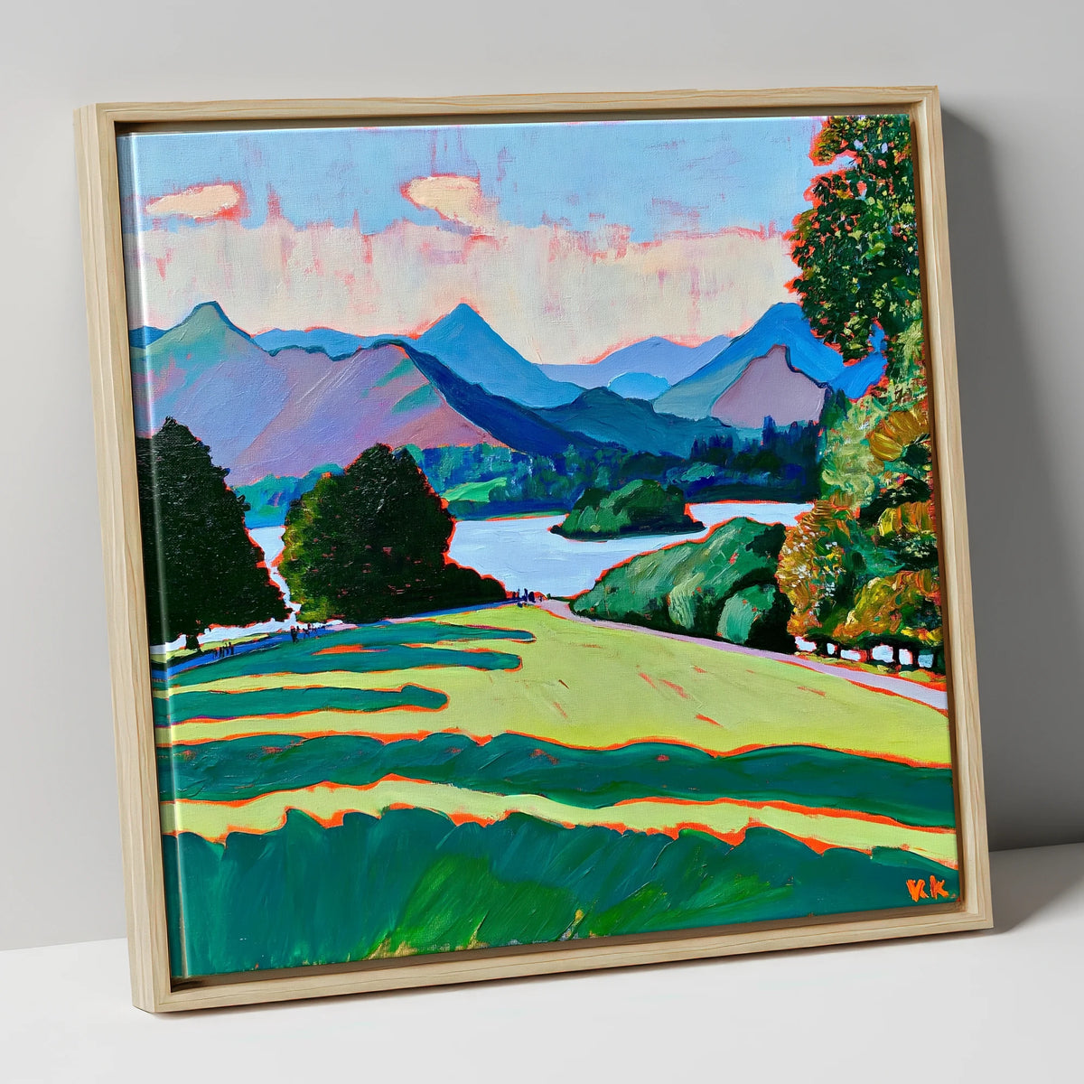 Vibrant Derwentwater From Crow Park lake district village canvas wall art in natural frame