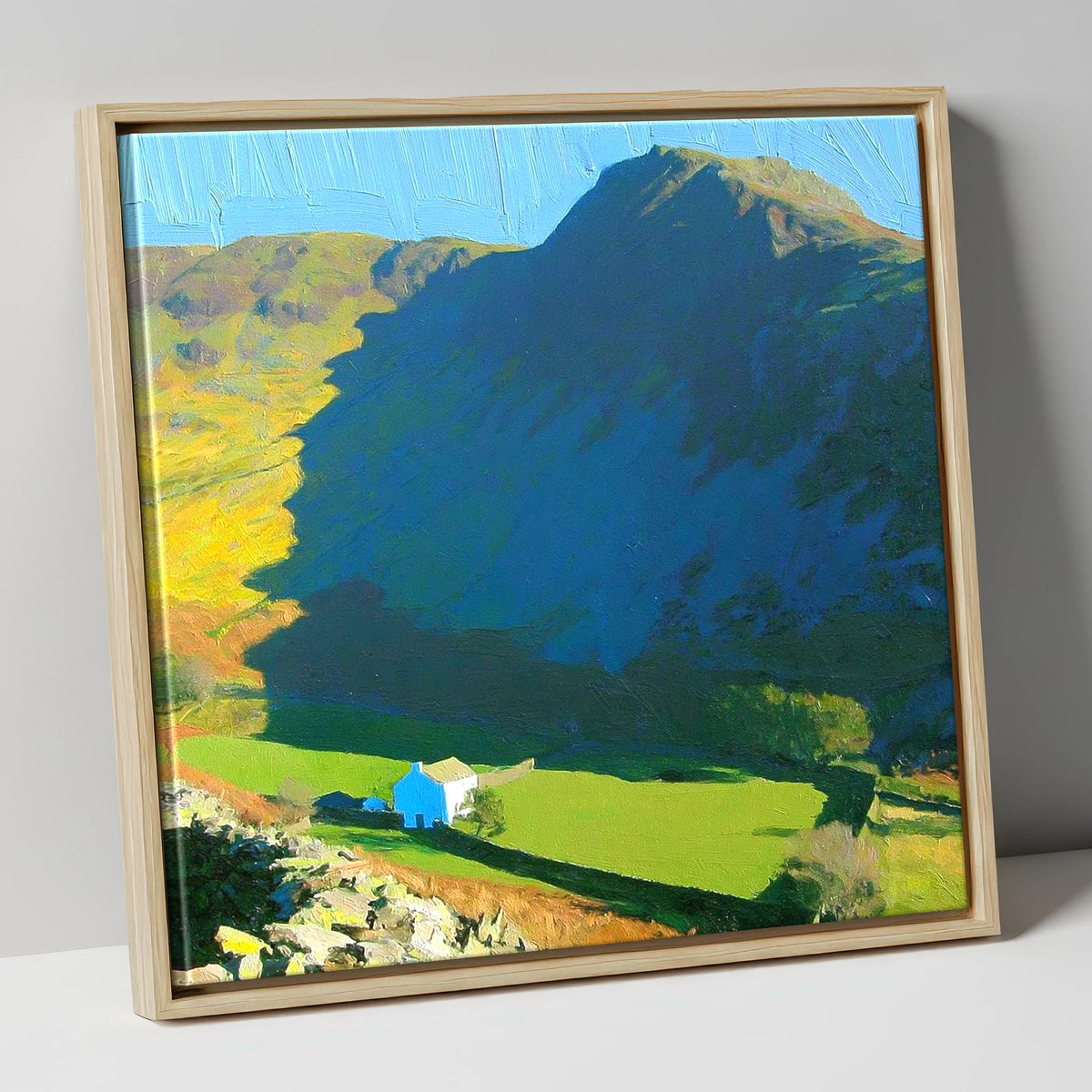 Harter Fell Over Valley Farm lake district fell canvas wall art in natural frame
