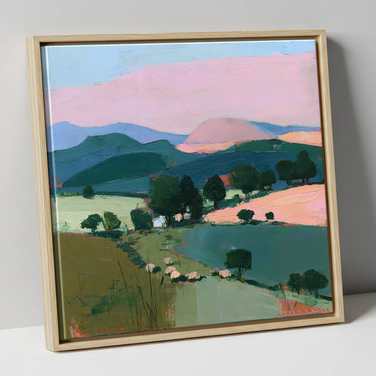 Pink Evening Light on Lakeland Fells lake district sky canvas wall art in natural frame