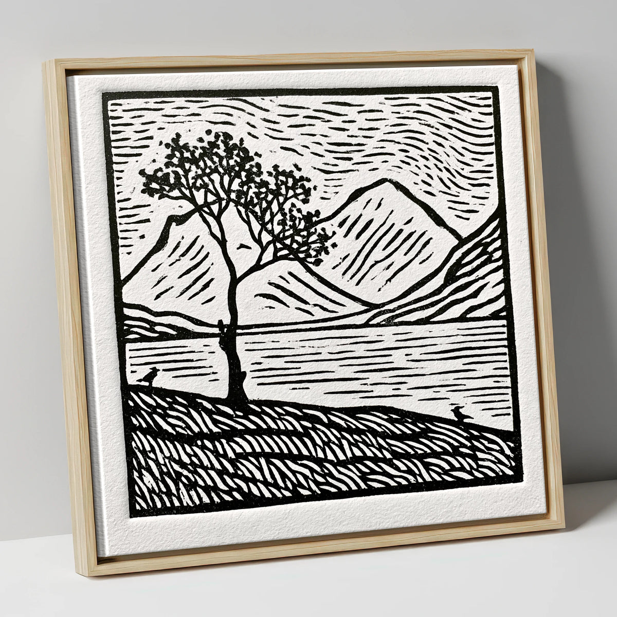 Monochrome Buttermere and Lone Tree lake district lake canvas wall art in natural frame