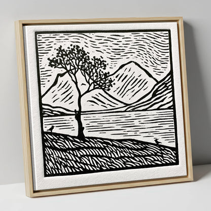 Monochrome Buttermere and Lone Tree lake district lake canvas wall art in natural frame