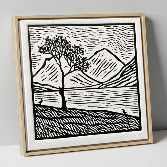 Monochrome Buttermere and Lone Tree lake district lake canvas wall art in natural frame