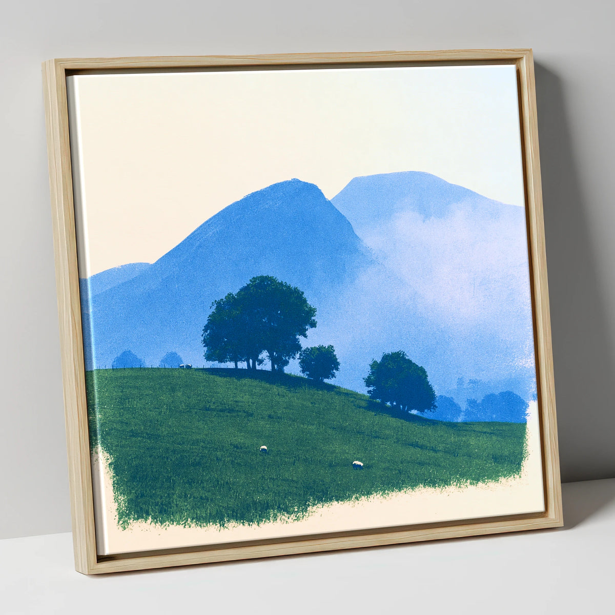 Mist Over the Blue Fells lake district fell canvas wall art in natural frame