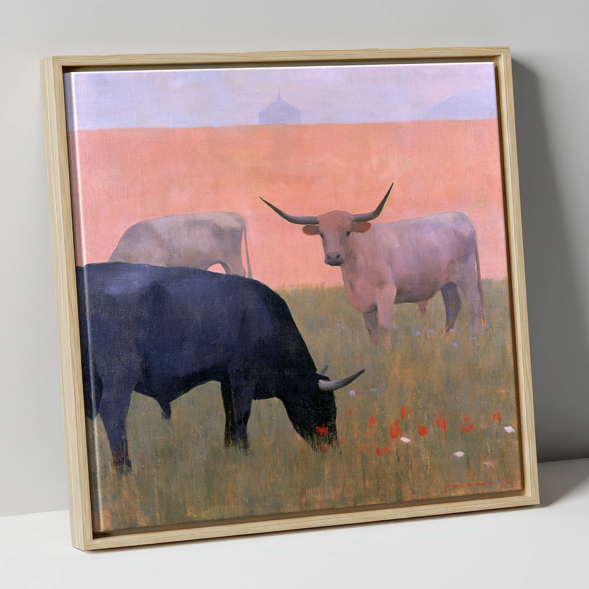 Highland Cattle in Pastel Light lake district wildlife canvas wall art in natural frame