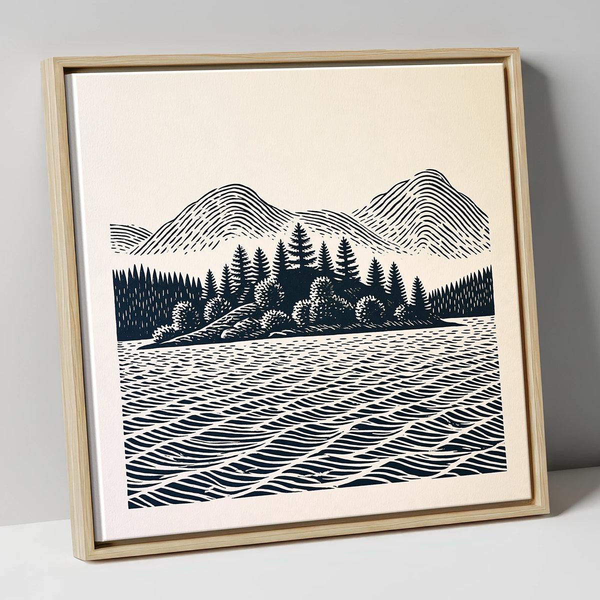 Graphic Derwentwater Island Landscape lake district lake canvas wall art in natural frame