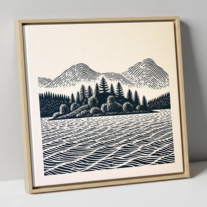 Graphic Derwentwater Island Landscape lake district lake canvas wall art in natural frame