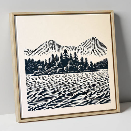 Graphic Derwentwater Island Landscape lake district lake canvas wall art in natural frame