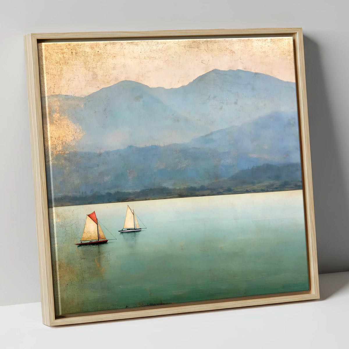 Windermere Sailboats in Teal and Gold lake district lake canvas wall art in natural frame