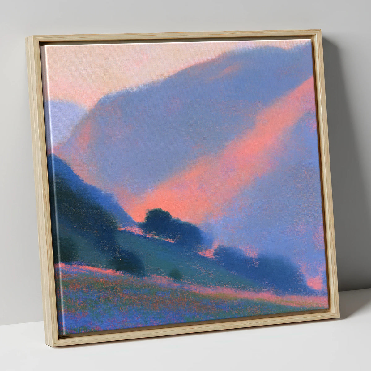 Rose Light Between the Fells lake district valley canvas wall art in natural frame