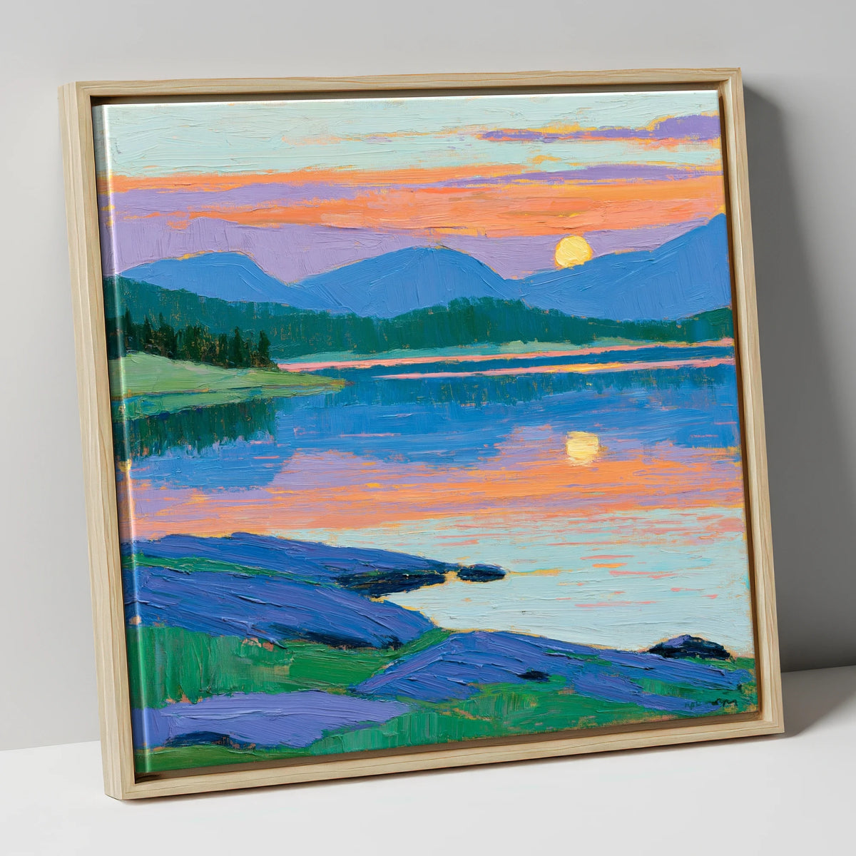 Dawn Reflections on Cobalt Lake lake district lake canvas wall art in natural frame