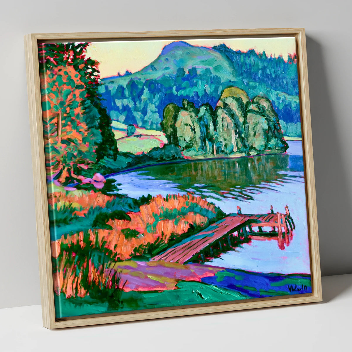 Vibrant Wooden Pier at Grasmere lake district lake canvas wall art in natural frame