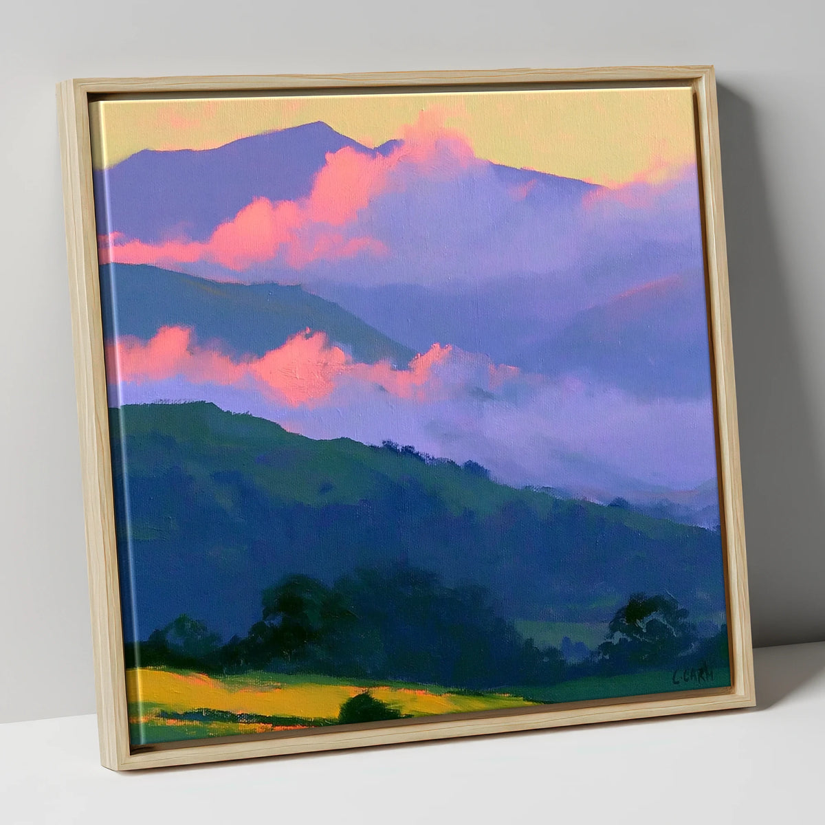 Pink Clouds Over Rolling Fells lake district fell canvas wall art in natural frame
