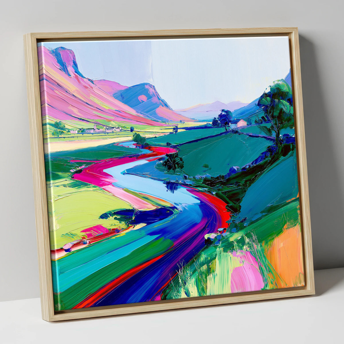 Vivid Winding River Through Fells lake district waterfall canvas wall art in natural frame