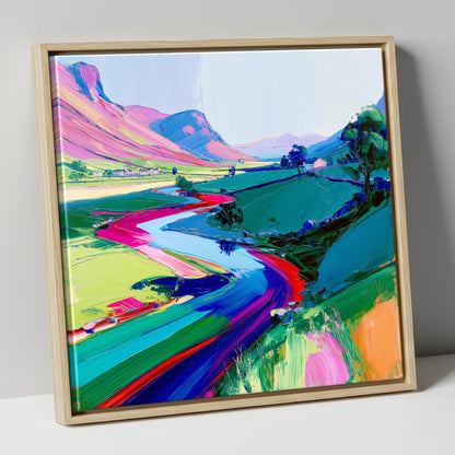 Vivid Winding River Through Fells lake district waterfall canvas wall art in natural frame