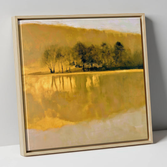 Dark Trees on Golden Lake lake district lake canvas wall art in natural frame