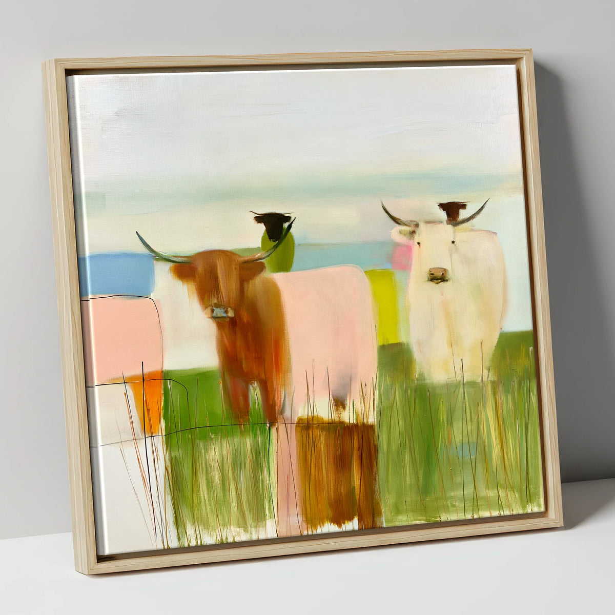 Highland Cattle in Abstract Pastels lake district wildlife canvas wall art in natural frame