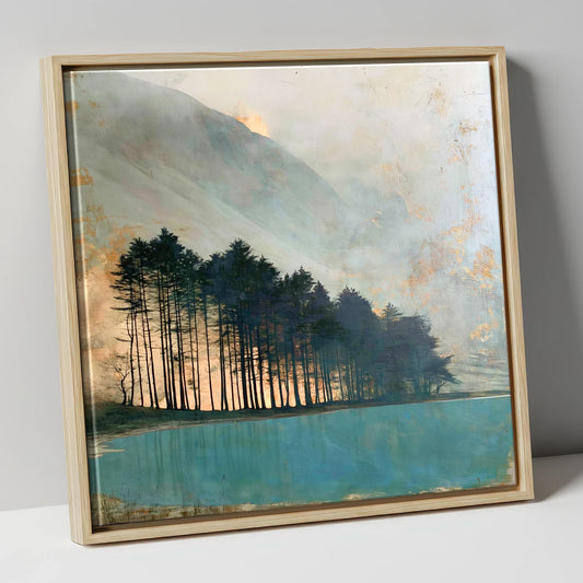 Silhouetted Pines at Buttermere lake district lake canvas wall art in natural frame