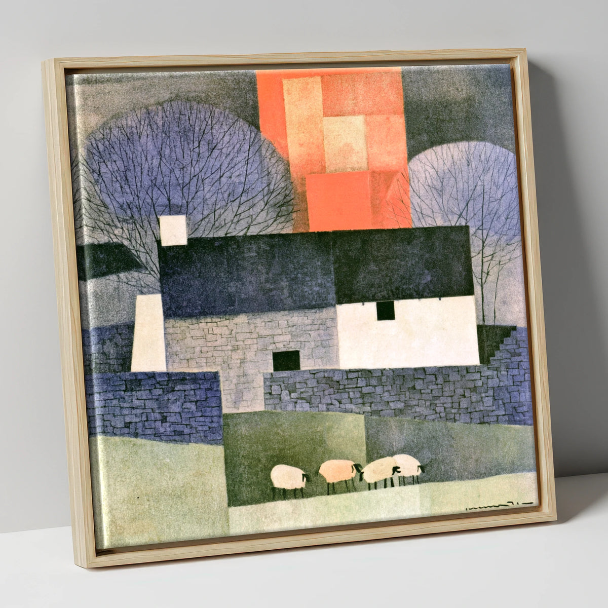 Stone Cottage in Bold Terracotta lake district village canvas wall art in natural frame