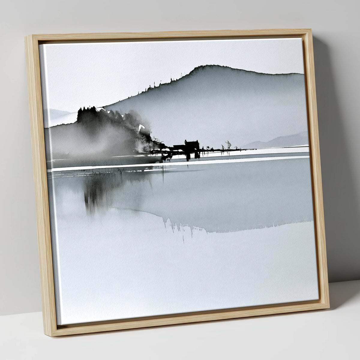 Monochrome Calm Lake Reflections lake district lake canvas wall art in natural frame