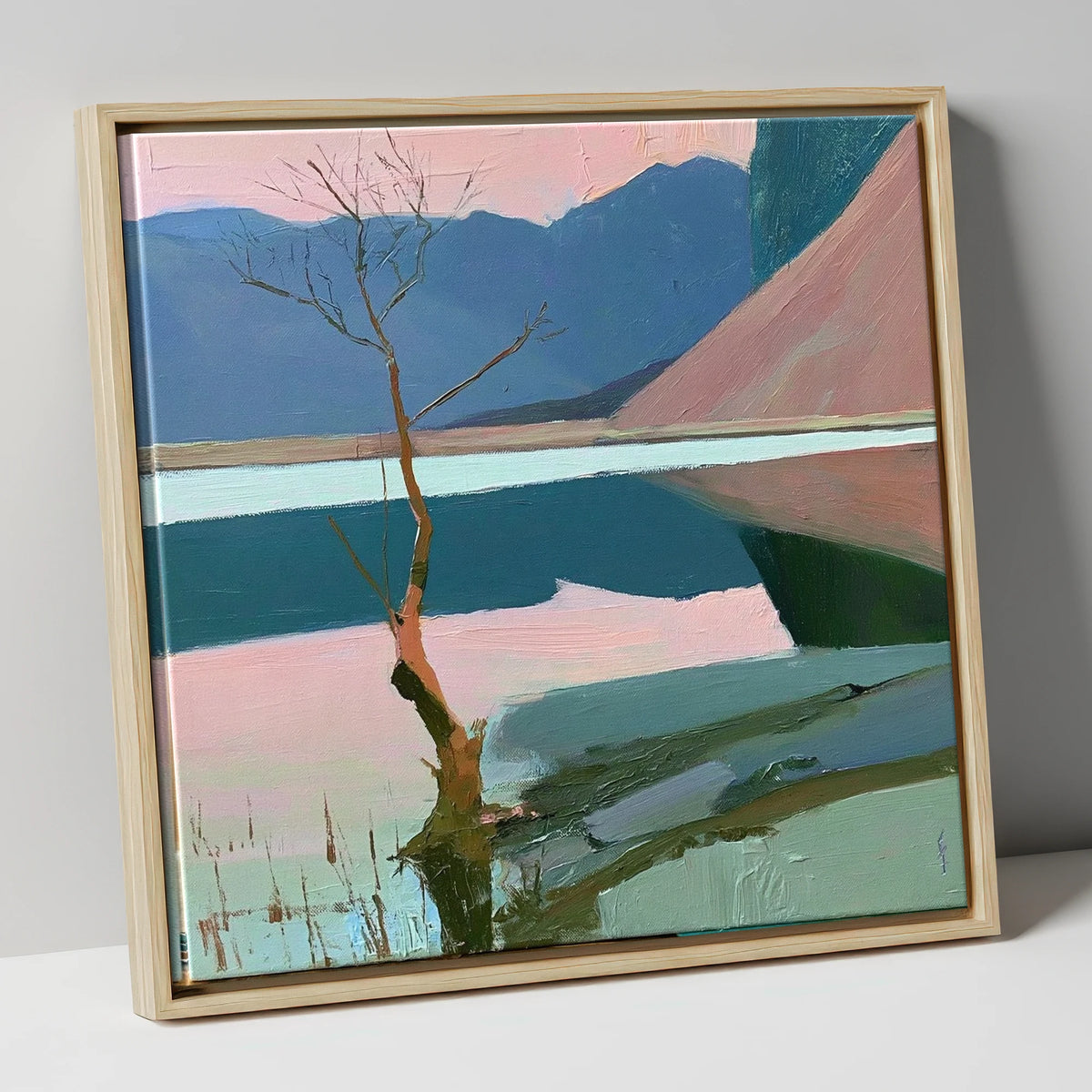 Buttermere Lone Tree in Pink lake district lake canvas wall art in natural frame