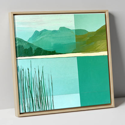 Teal Reeds at Elterwater lake district lake canvas wall art in natural frame