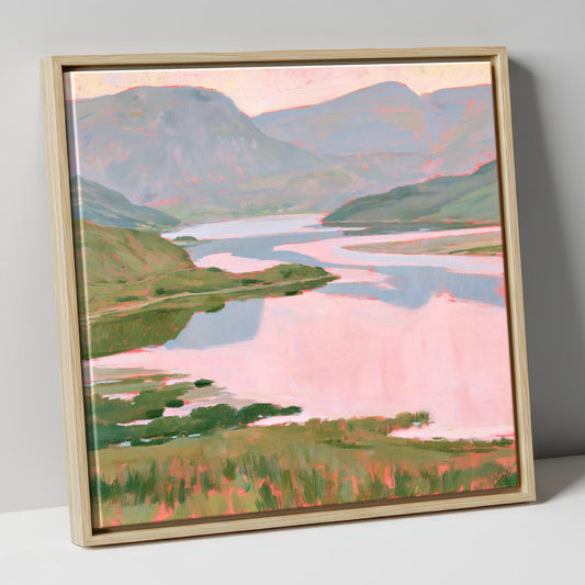 Pastel Pink Lake and Fells lake district lake canvas wall art in natural frame