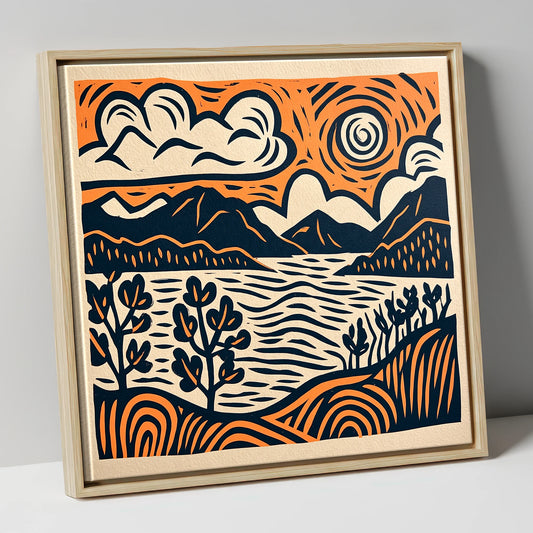 Windermere in Navy and Terracotta lake district lake canvas wall art in natural frame