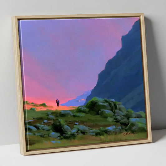 Fell Walker Beneath Vivid Skies lake district walking canvas wall art in natural frame