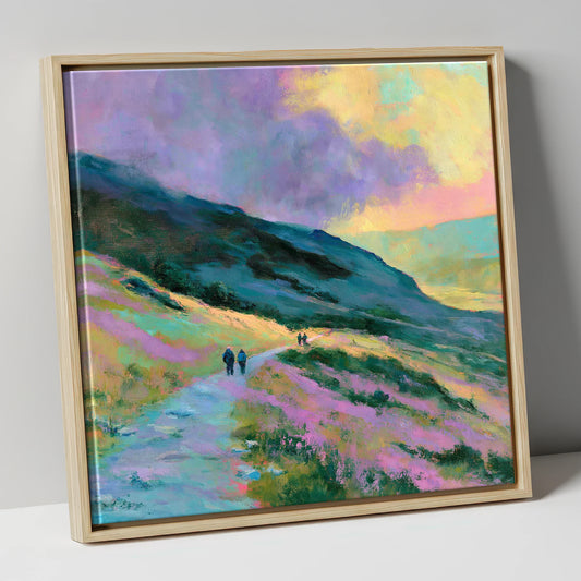 Walkers on Pastel Mountain Path lake district walking canvas wall art in natural frame