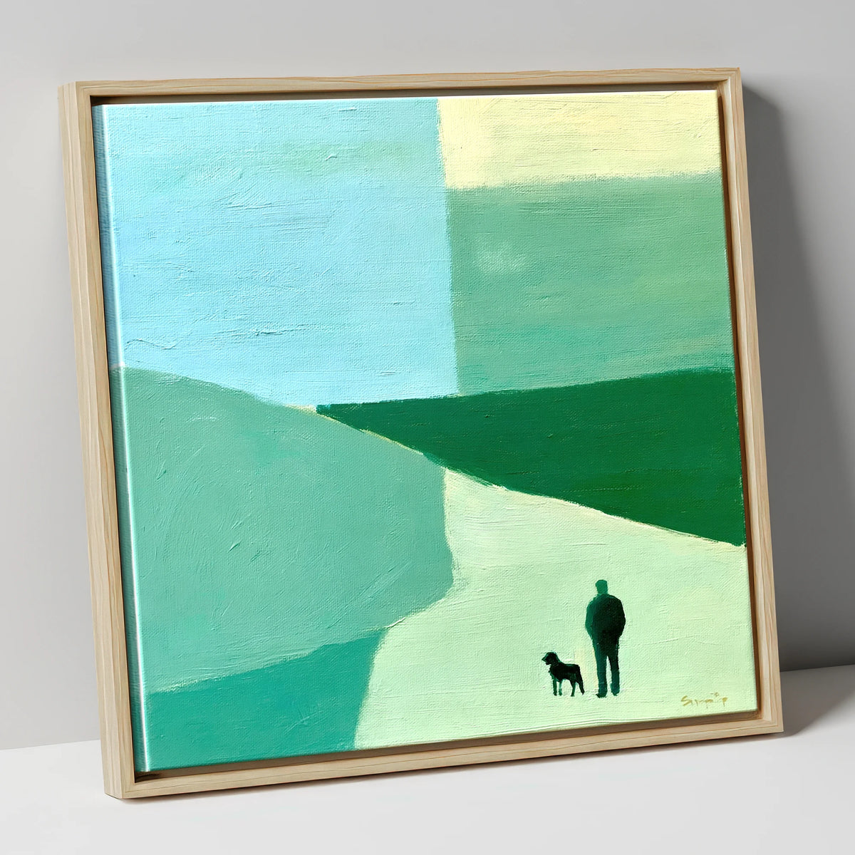 Shepherd and Dog Abstract Fells lake district wildlife canvas wall art in natural frame
