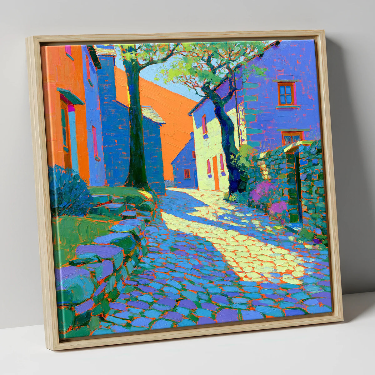 Dappled Sunlight on Village Cobbles lake district village canvas wall art in natural frame