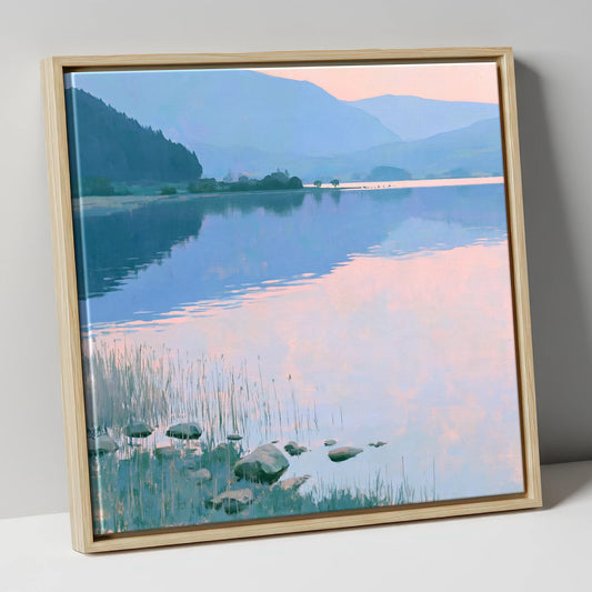 Pastel Lake Reflections at Dawn lake district lake canvas wall art in natural frame