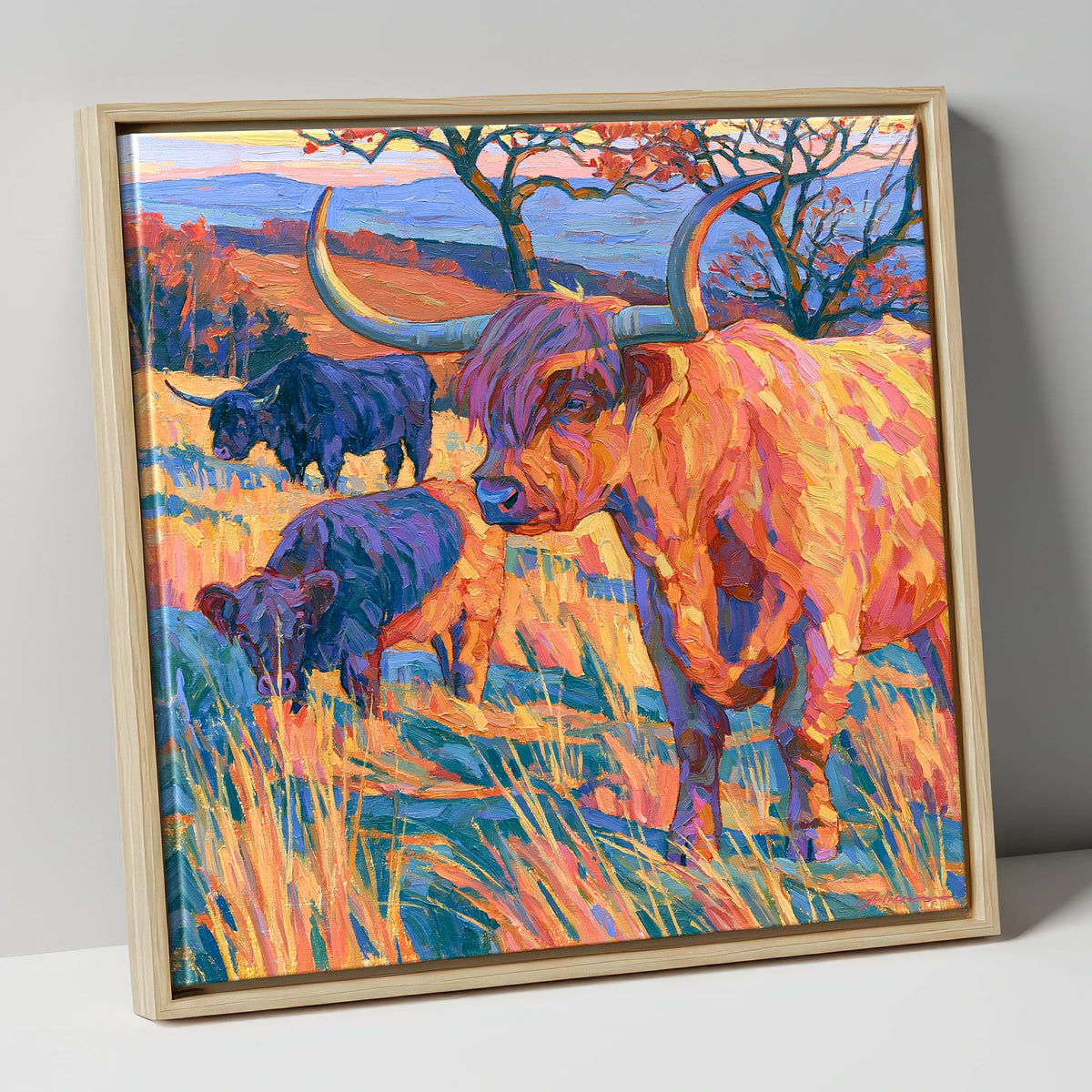 Highland Cattle in Vibrant Fell Light lake district wildlife canvas wall art in natural frame