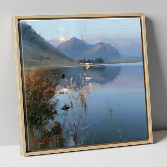 Still Reflections at Loweswater lake district lake canvas wall art in natural frame