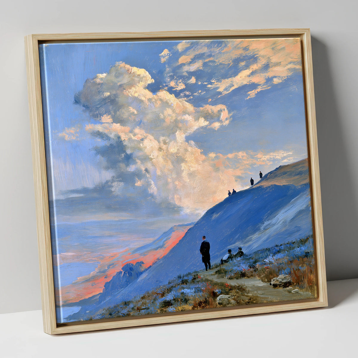 Fell Hikers Under Sunlit Clouds lake district fell canvas wall art in natural frame