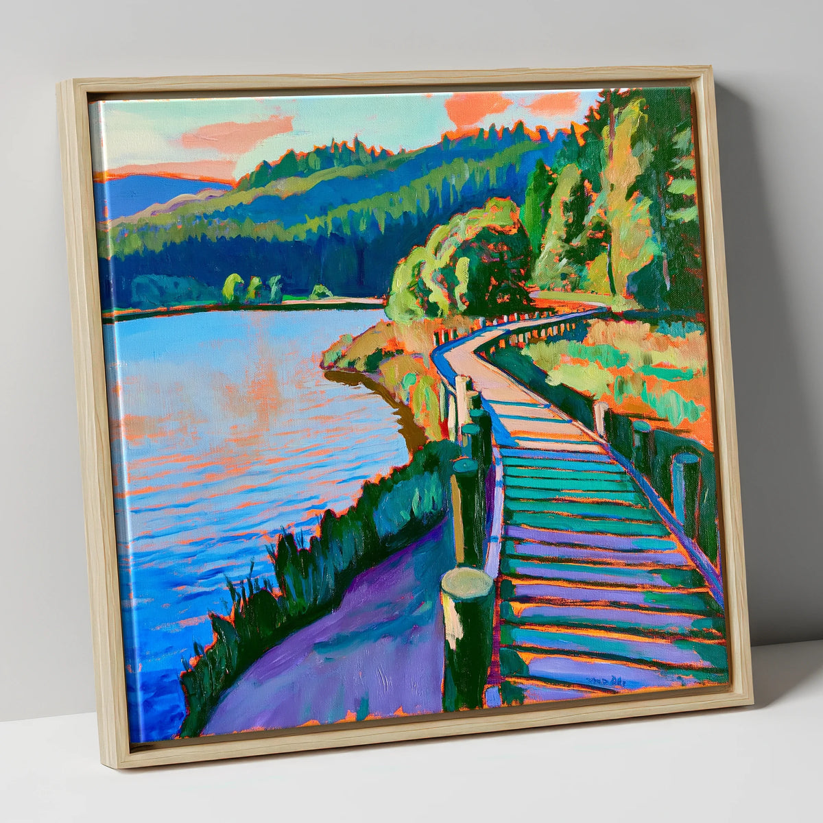 Vibrant Boardwalk at Tarn Hows lake district lake canvas wall art in natural frame
