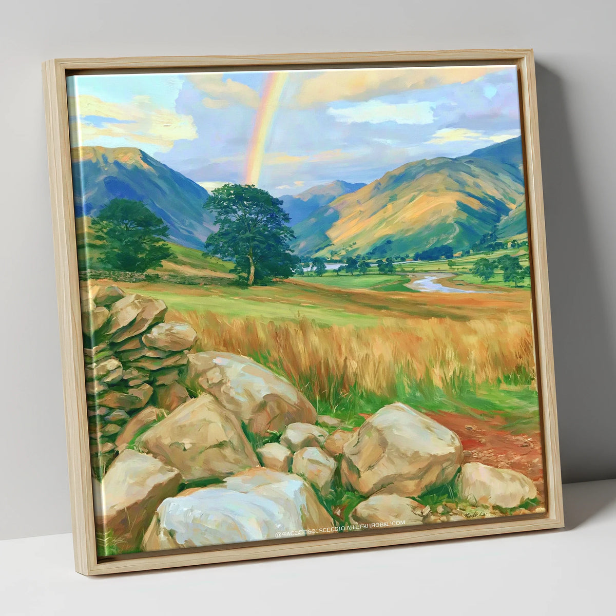 Rainbow Over a Sunlit Valley lake district sky canvas wall art in natural frame